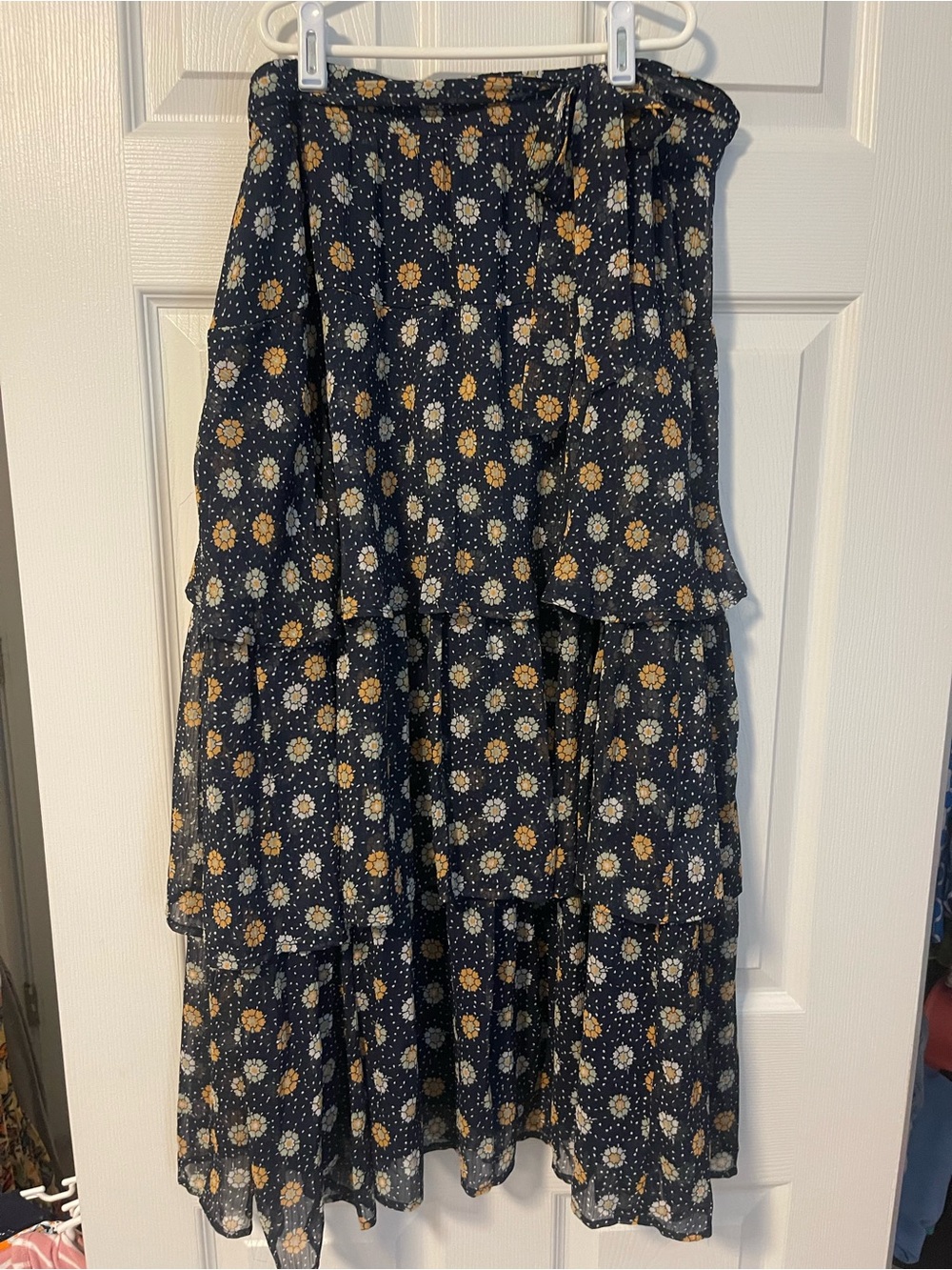 Navy Tiered Floral Skirt with Gold & White Flowers and tie belt